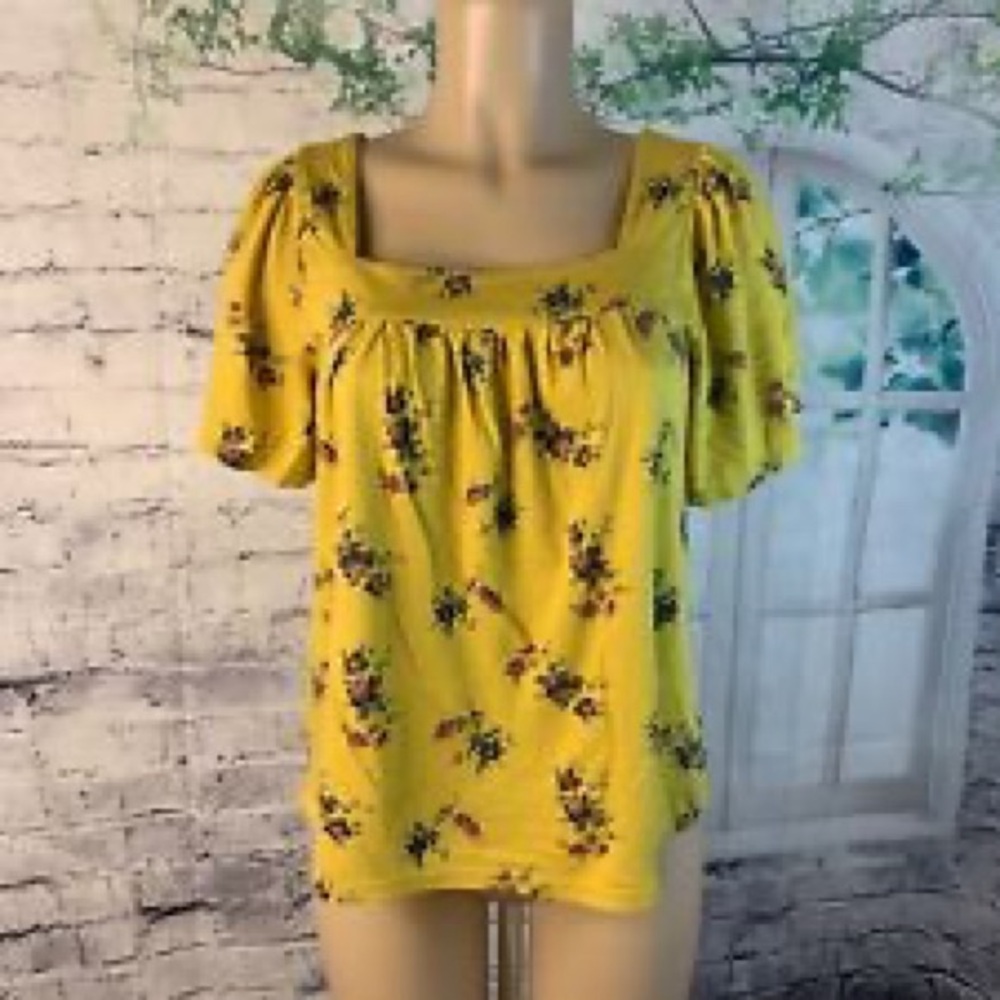 Lucky Brand- Women Square Neck Floral Top Mustard Yellow ‎ Size XL